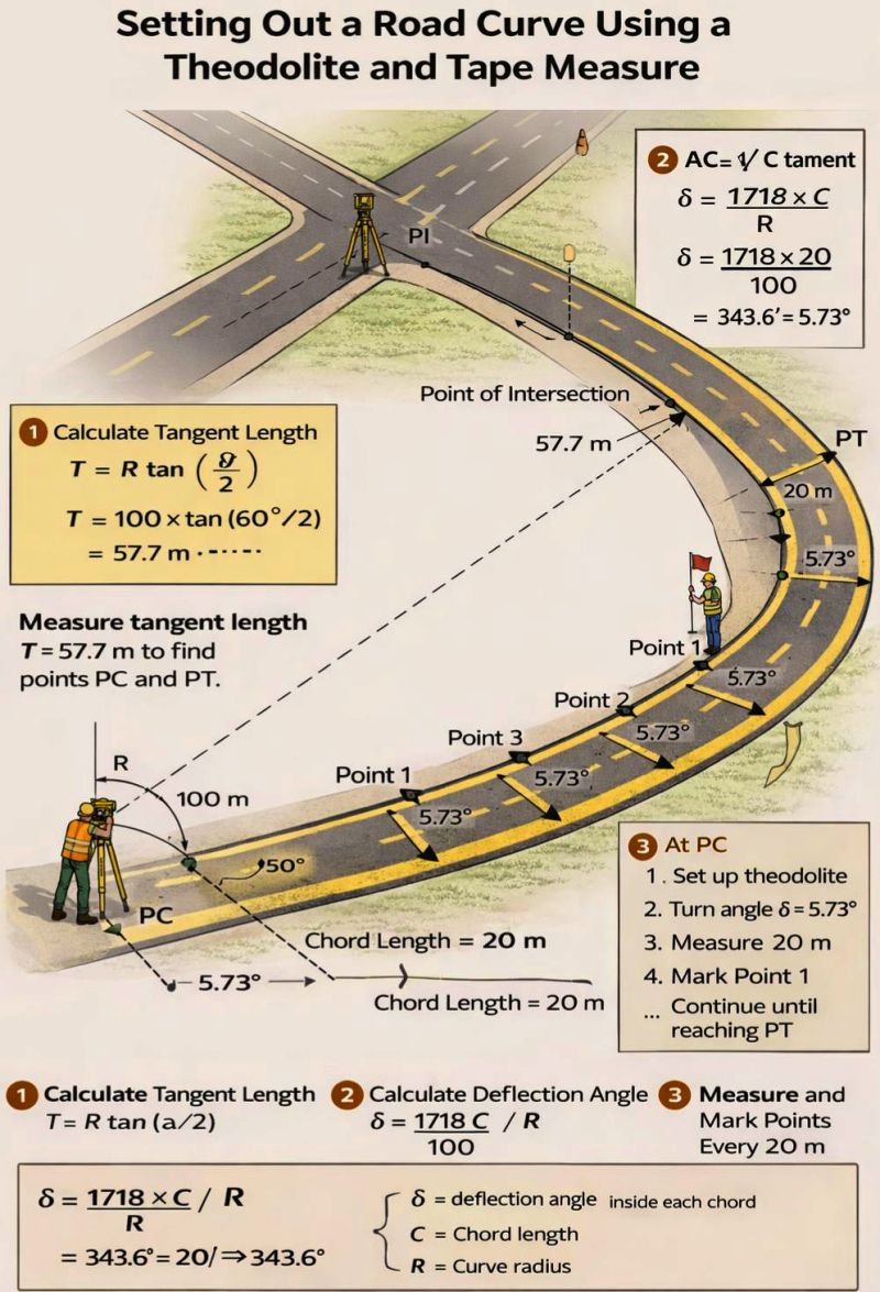 Diagram explaining how a road curve is set out using a theodolite and tape measure
